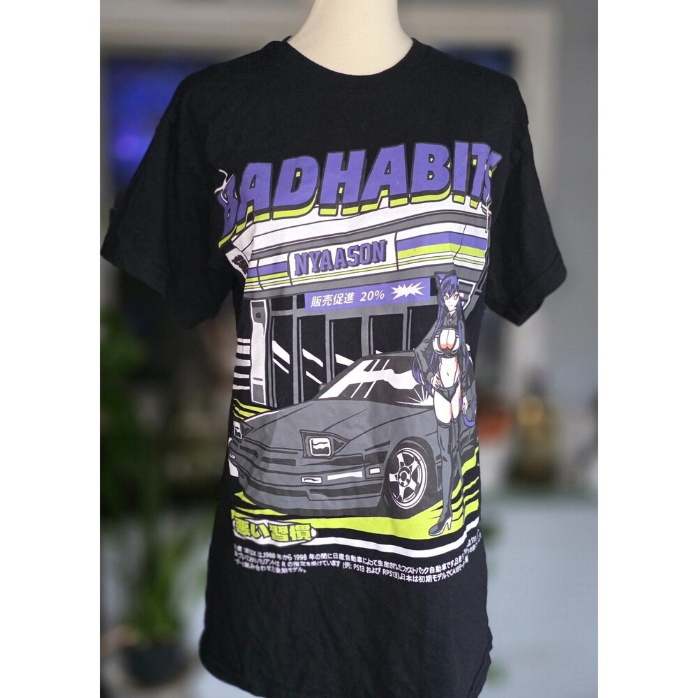 🖤 Nyaason Bad Habits Graphic T‑Shirt Spencer’s Mens Black Cotton Streetwear Tee - Picture 7 of 10